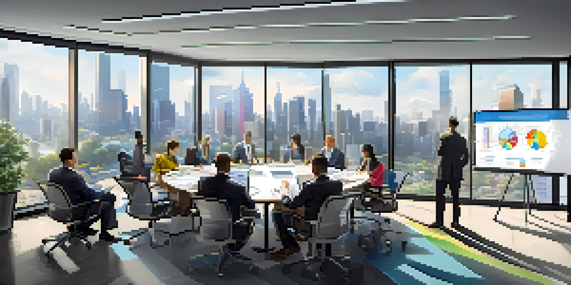 A diverse group of professionals in a bright office discussing a business continuity plan, with a whiteboard filled with diagrams in the background.