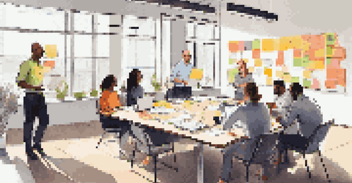 A diverse team of project managers collaborates around a table, with sticky notes and laptops, in a brightly lit room.