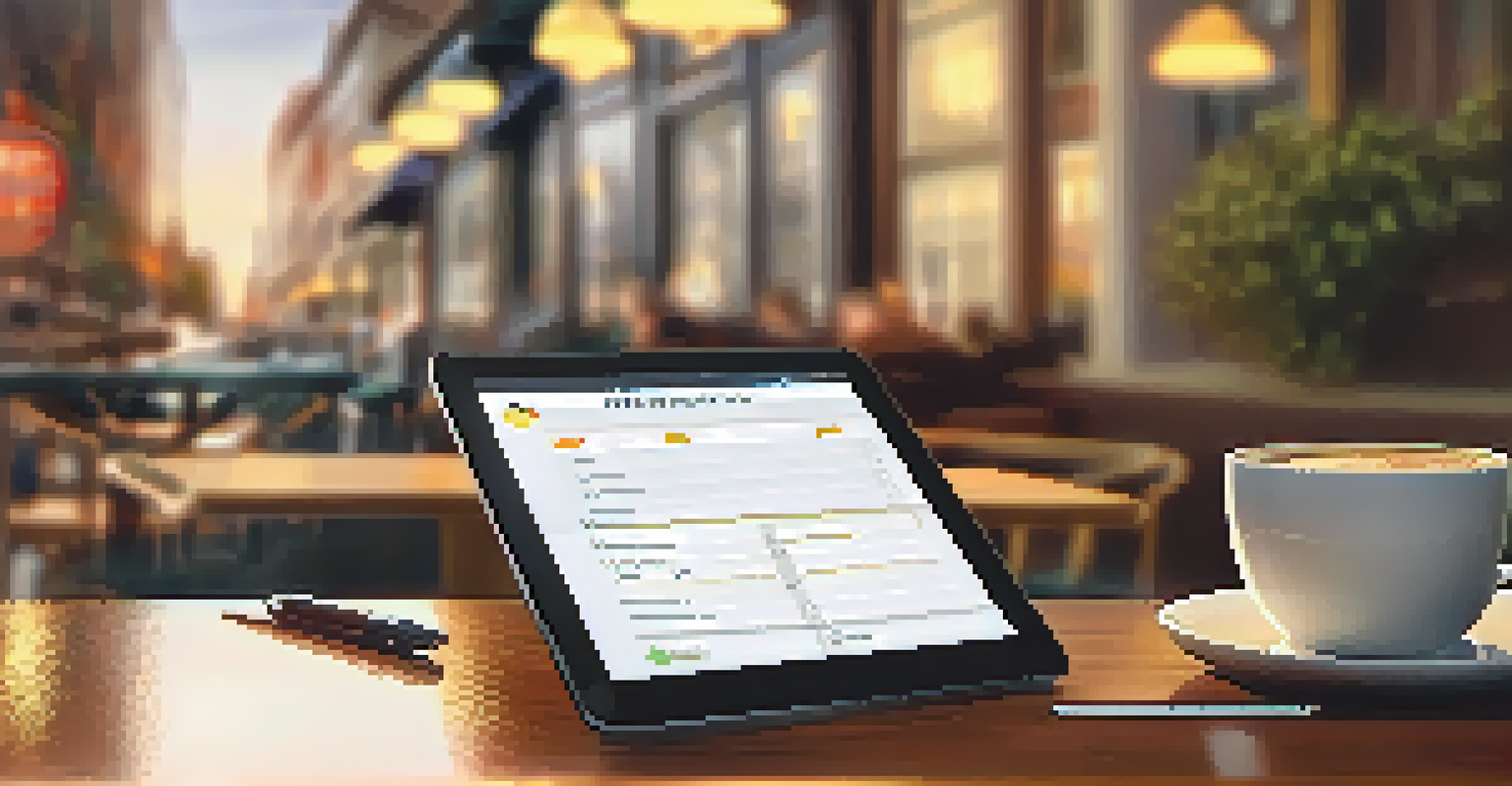 A close-up of a person filling out a customer feedback survey on a tablet in a cafe.
