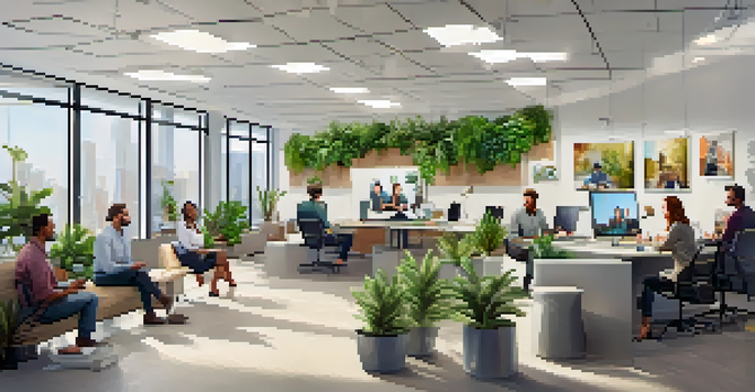 A diverse group of employees participating in a video conference in a modern office with bright natural light and contemporary decor.