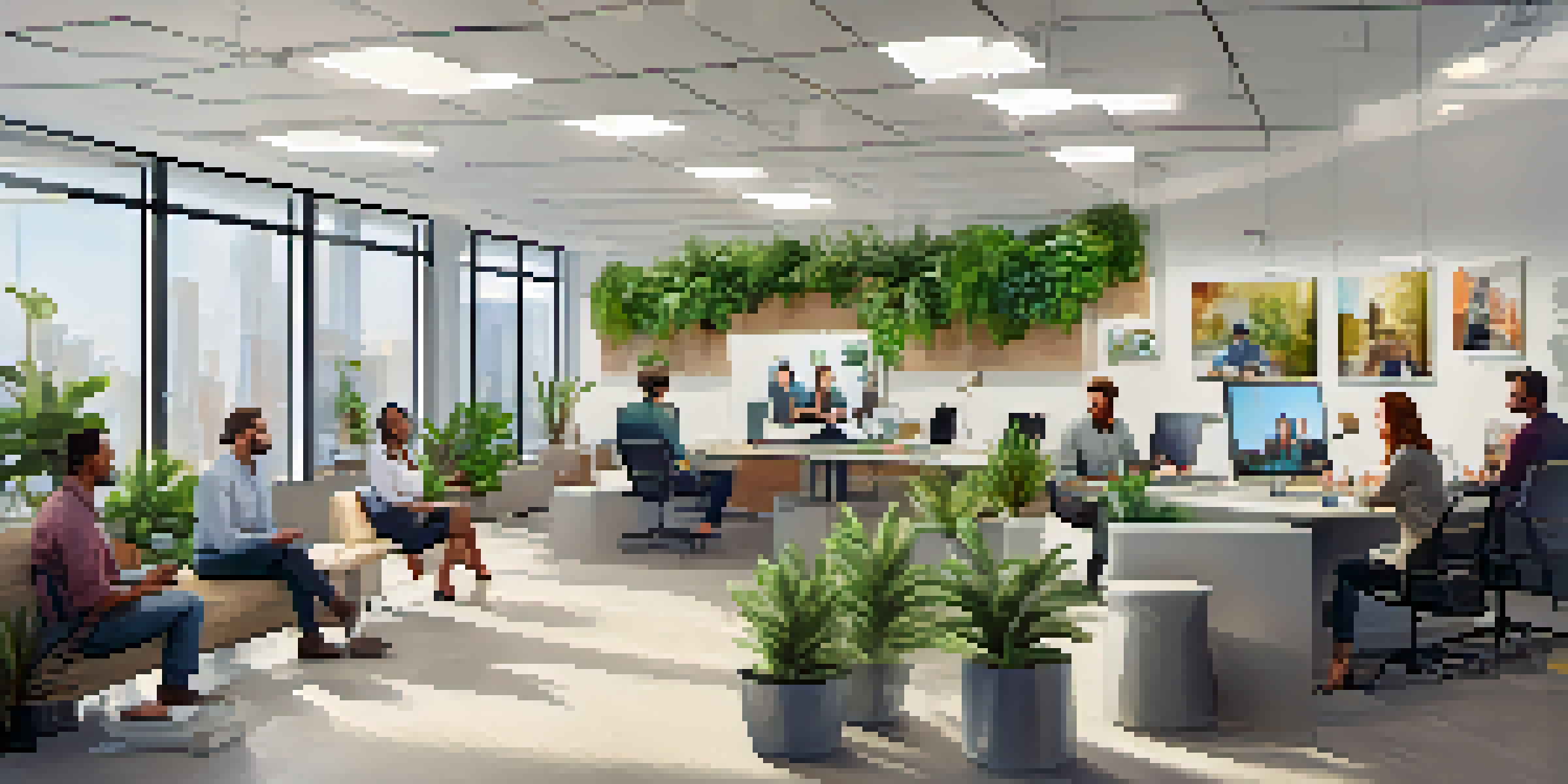 A diverse group of employees participating in a video conference in a modern office with bright natural light and contemporary decor.