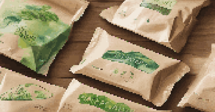 A variety of sustainable packaging materials including biodegradable plastics, recyclable cardboard, and plantable packaging, arranged on a wooden table with soft natural lighting.