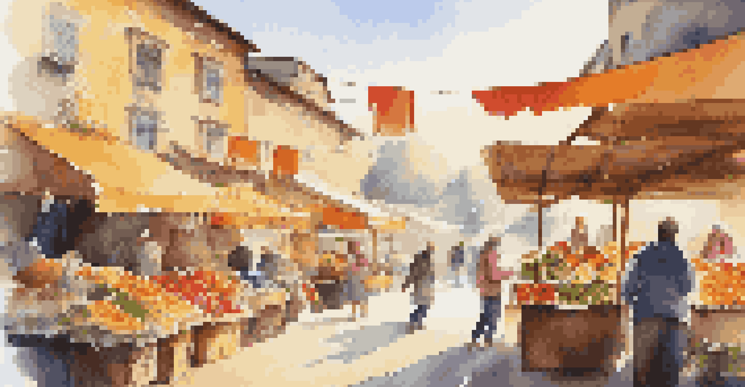 A vibrant outdoor market with colorful stalls and shoppers interacting with vendors.