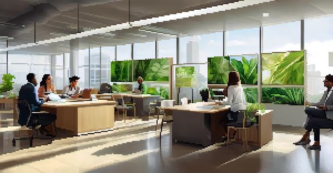 A diverse group of employees discussing CSR in a modern office, featuring large windows and greenery.