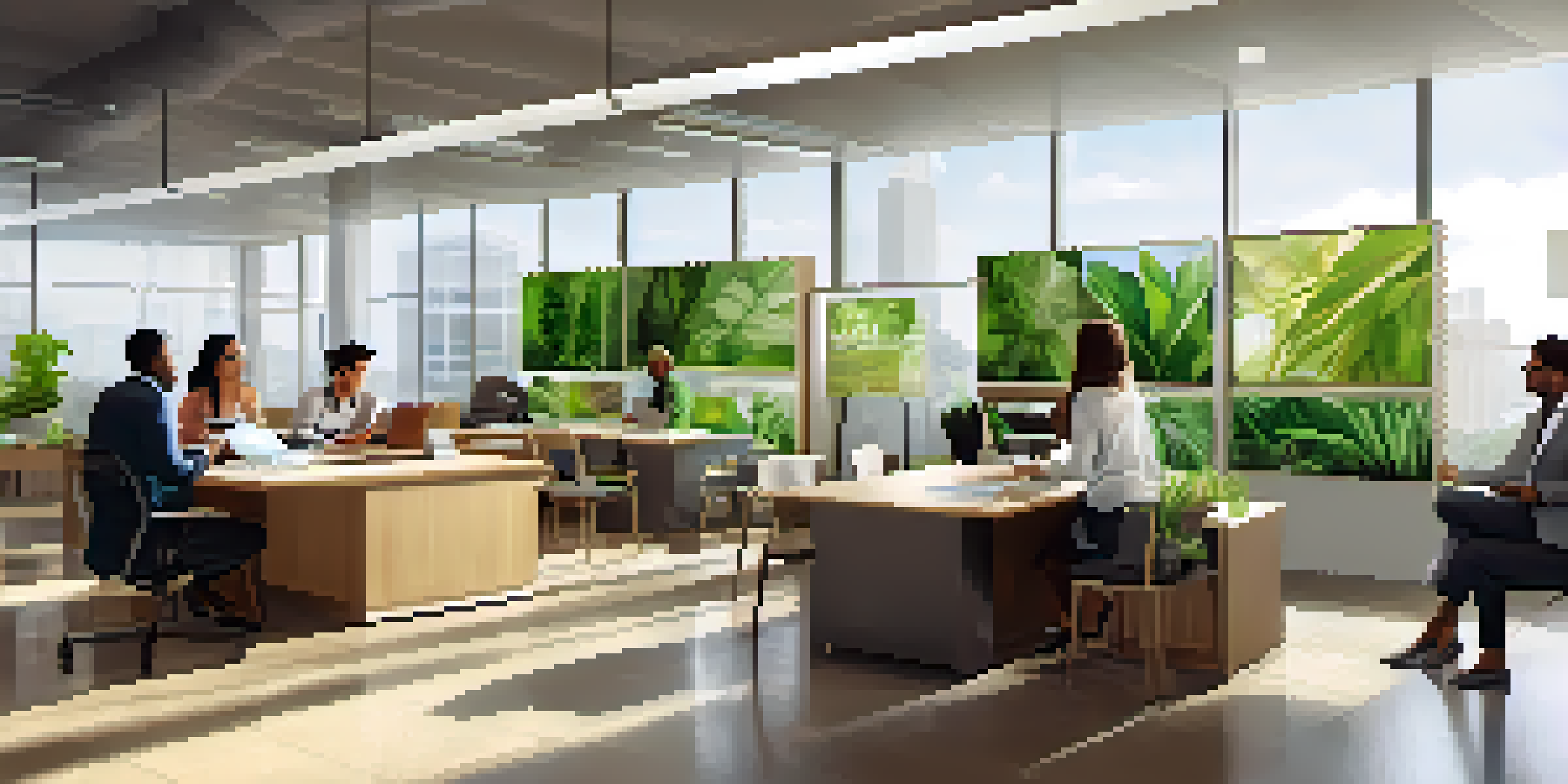 A diverse group of employees discussing CSR in a modern office, featuring large windows and greenery.