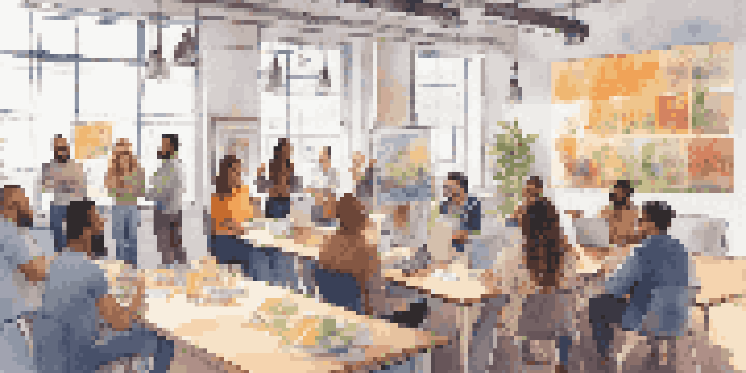 A diverse group of creators presenting their crowdfunding projects in a bright co-working space, with colorful posters and laptops around them.