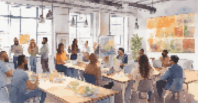 A diverse group of creators presenting their crowdfunding projects in a bright co-working space, with colorful posters and laptops around them.