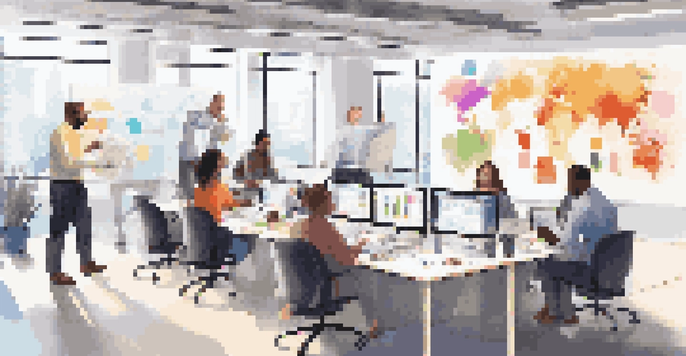 A group of diverse employees participating in a collaborative training session in a bright and modern office.