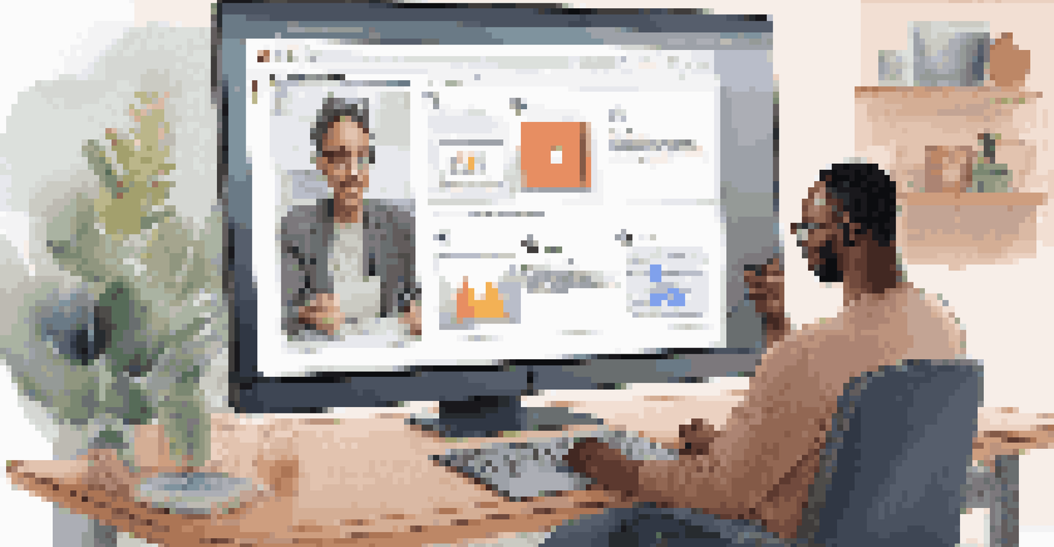 A digital workspace with a laptop showing feedback tools and a virtual meeting, set in a cozy home office with coffee and stationery.