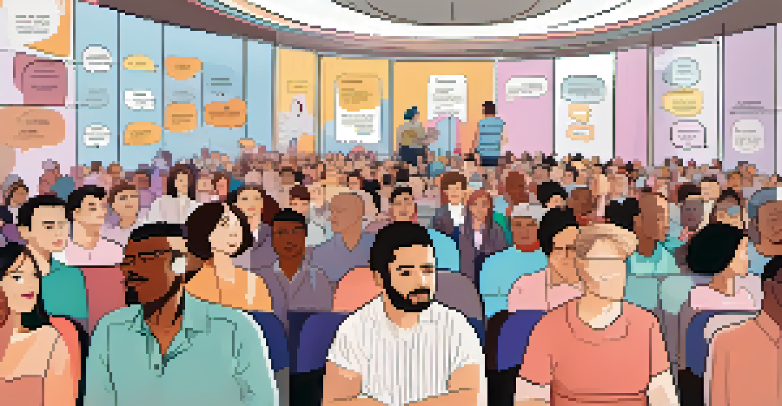 An infographic showing diverse audience personas with illustrated characters and speech bubbles that highlight their interests, set against a pastel gradient background.
