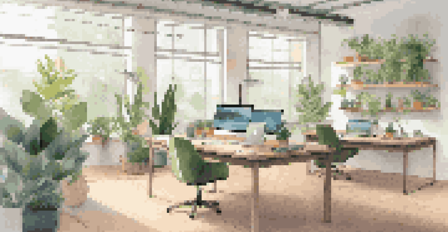 A modern workspace with eco-friendly materials, plants, and a laptop showing sustainability metrics, bathed in natural light.
