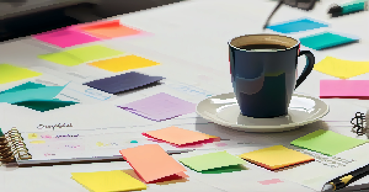 A close-up of an open planner with a time-blocking schedule and colorful sticky notes, with a coffee cup and computer in the background.