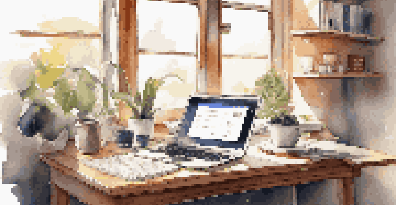 A modern workspace with a laptop and notes, illuminated by sunlight.