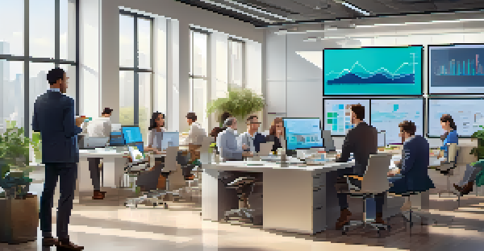 A diverse team of professionals in a modern office analyzing data together, surrounded by laptops and large screens displaying charts.