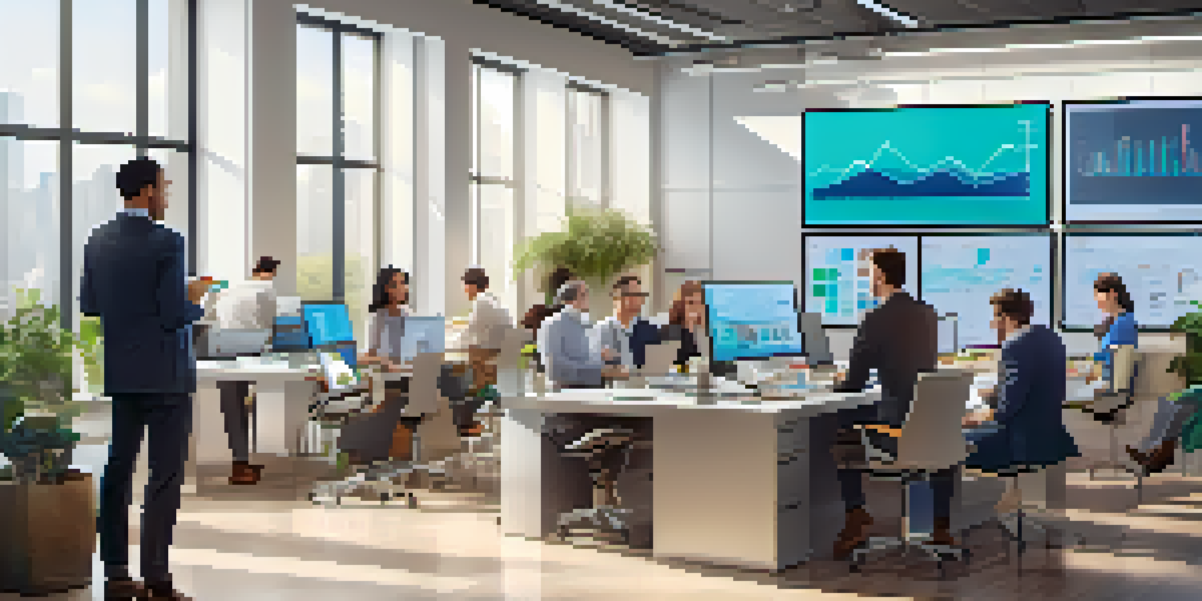 A diverse team of professionals in a modern office analyzing data together, surrounded by laptops and large screens displaying charts.