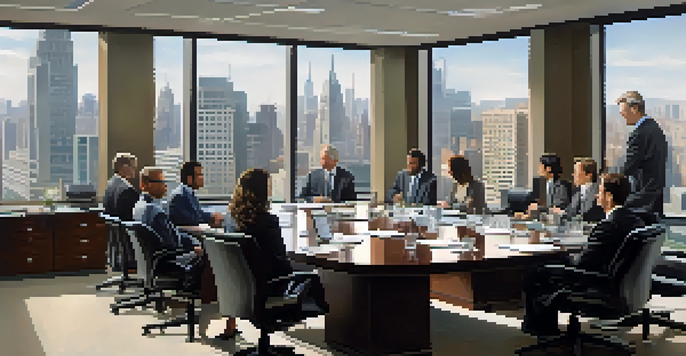 A diverse group of employees in an office discussing conflict of interest, with a city skyline visible through large windows.