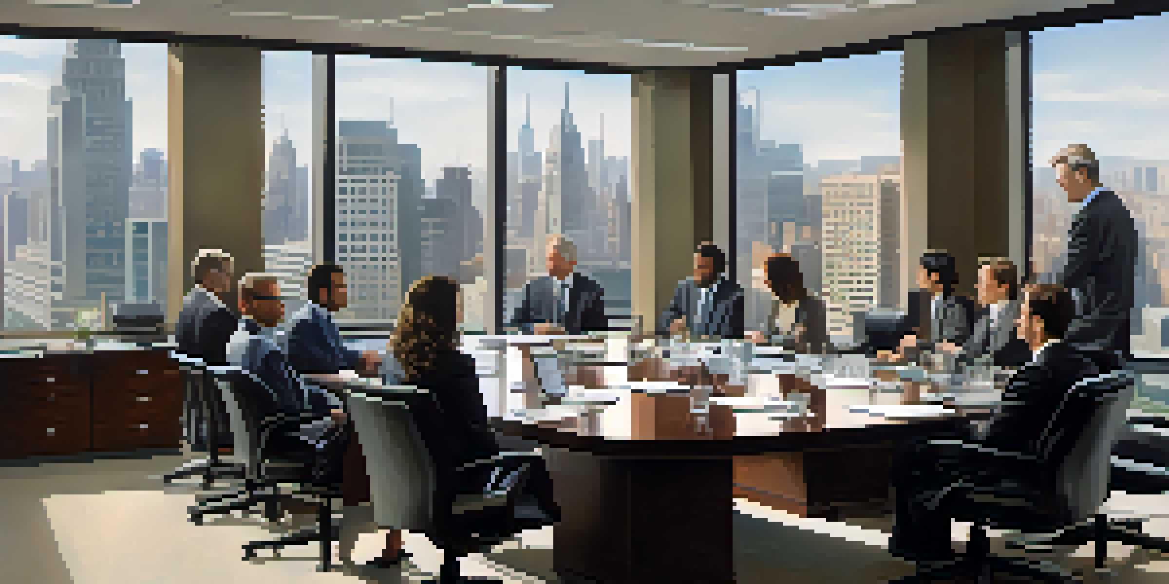 A diverse group of employees in an office discussing conflict of interest, with a city skyline visible through large windows.