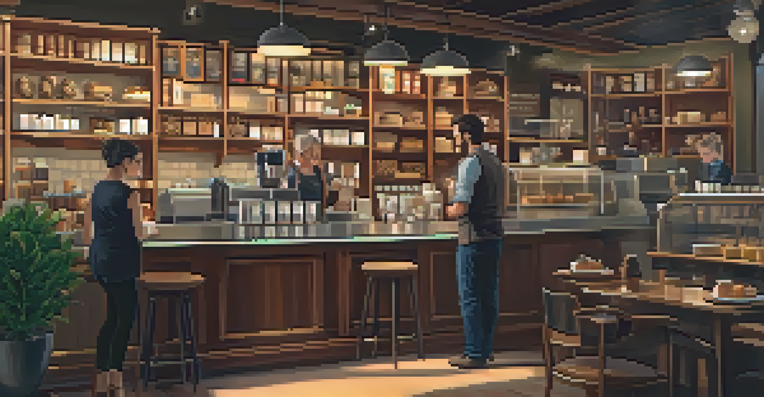 A warm and inviting coffee shop with a barista serving coffee to a happy customer, surrounded by shelves of coffee beans and pastries.