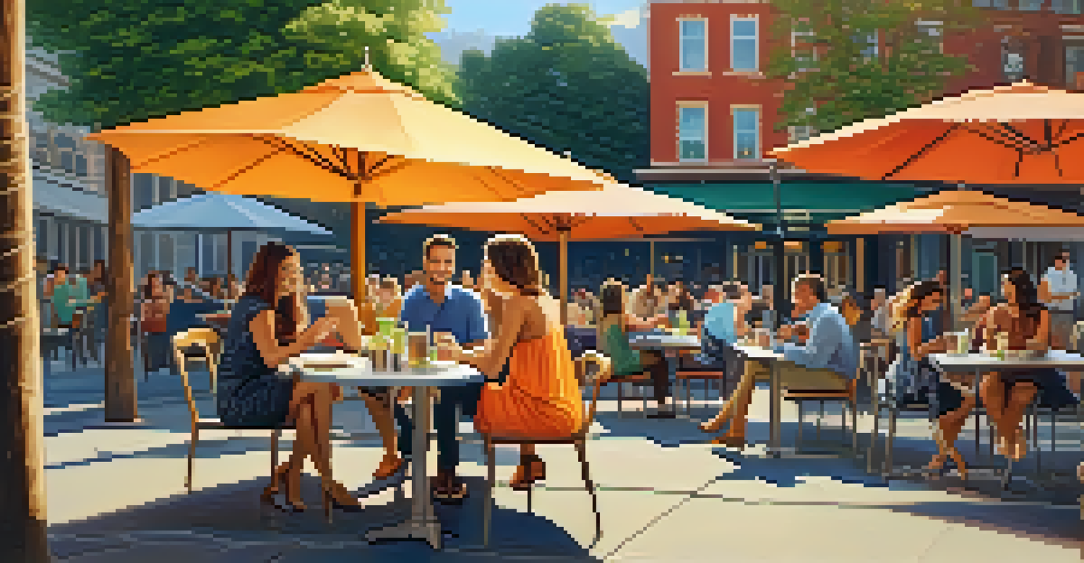 People enjoying an outdoor café, all using their mobile devices while surrounded by vibrant umbrellas and plants.