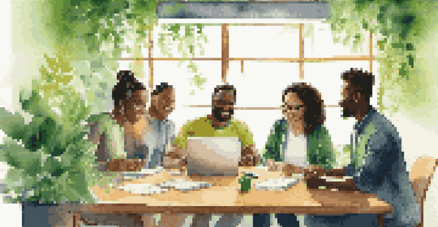 A group of employees collaborating on sustainability ideas in a bright, green-themed office.