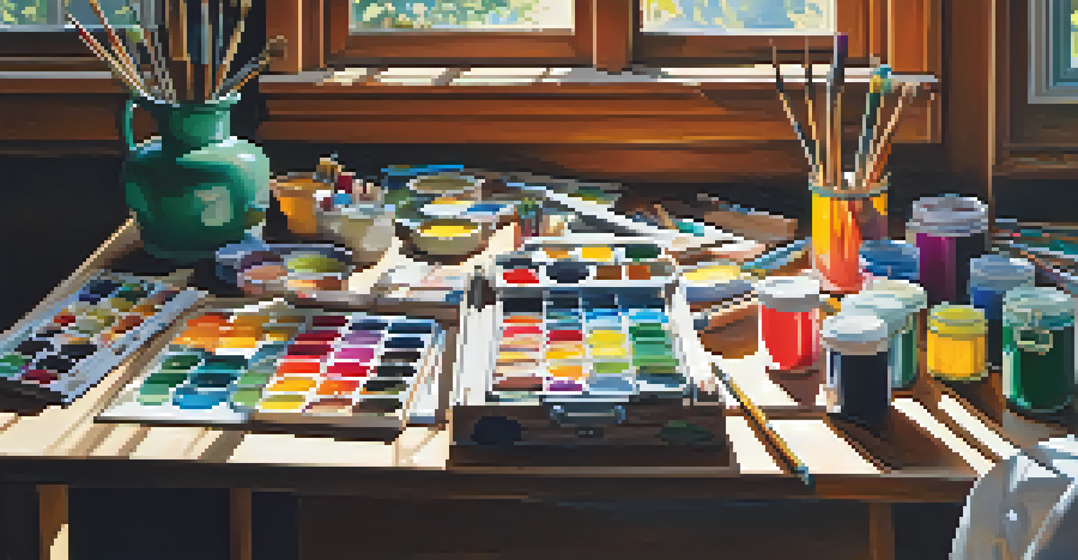 An artist's studio featuring colorful art supplies, a bright workspace, and a landscape painting.