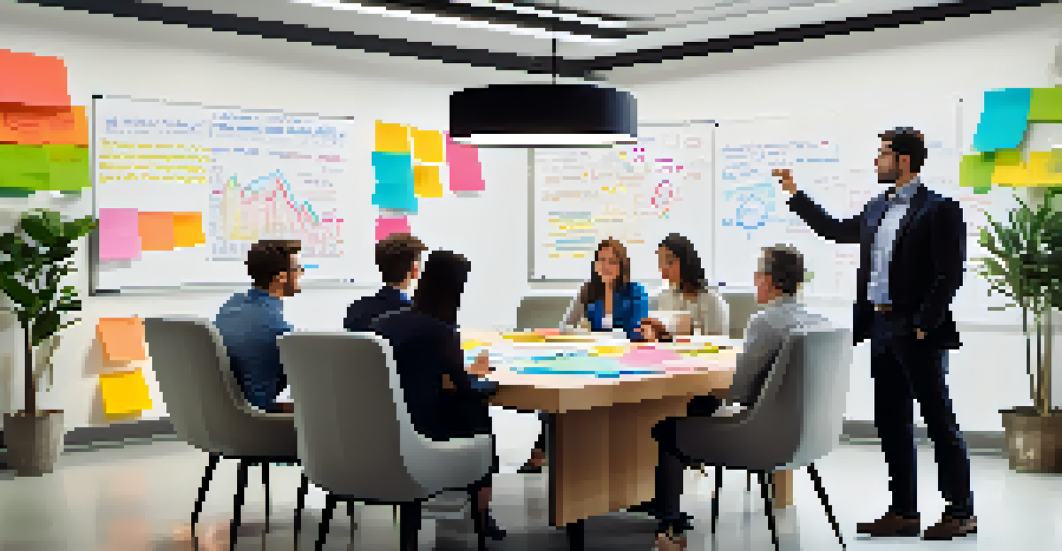 A meeting room with a whiteboard covered in innovation ideas and a team discussing.