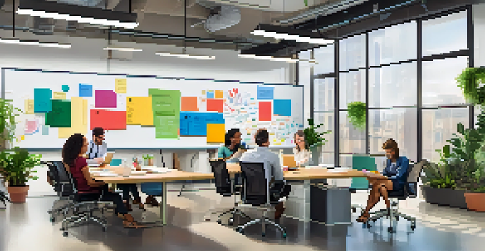 A diverse team collaborating in a bright office space, surrounded by plants and colorful artwork, with a whiteboard filled with ideas.