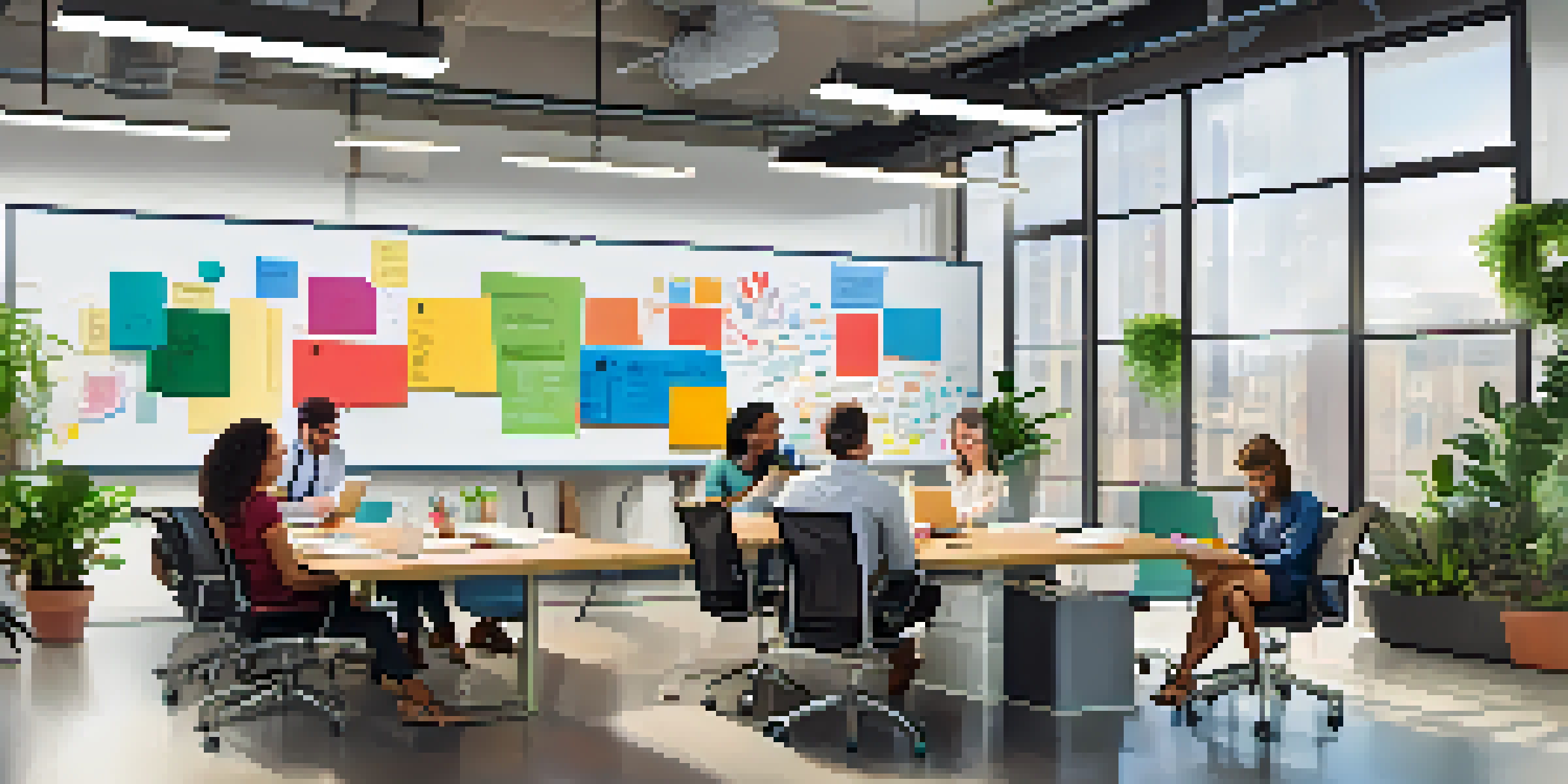 A diverse team collaborating in a bright office space, surrounded by plants and colorful artwork, with a whiteboard filled with ideas.
