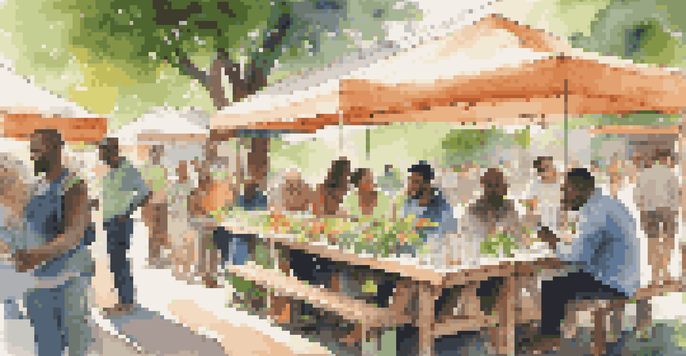 A diverse group of individuals discussing market research at an outdoor table with data charts and laptops, surrounded by greenery and flowers.