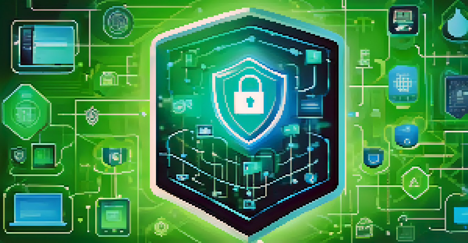 A digital shield symbolizing encryption surrounded by icons of personal data, set against a blue and green gradient background.