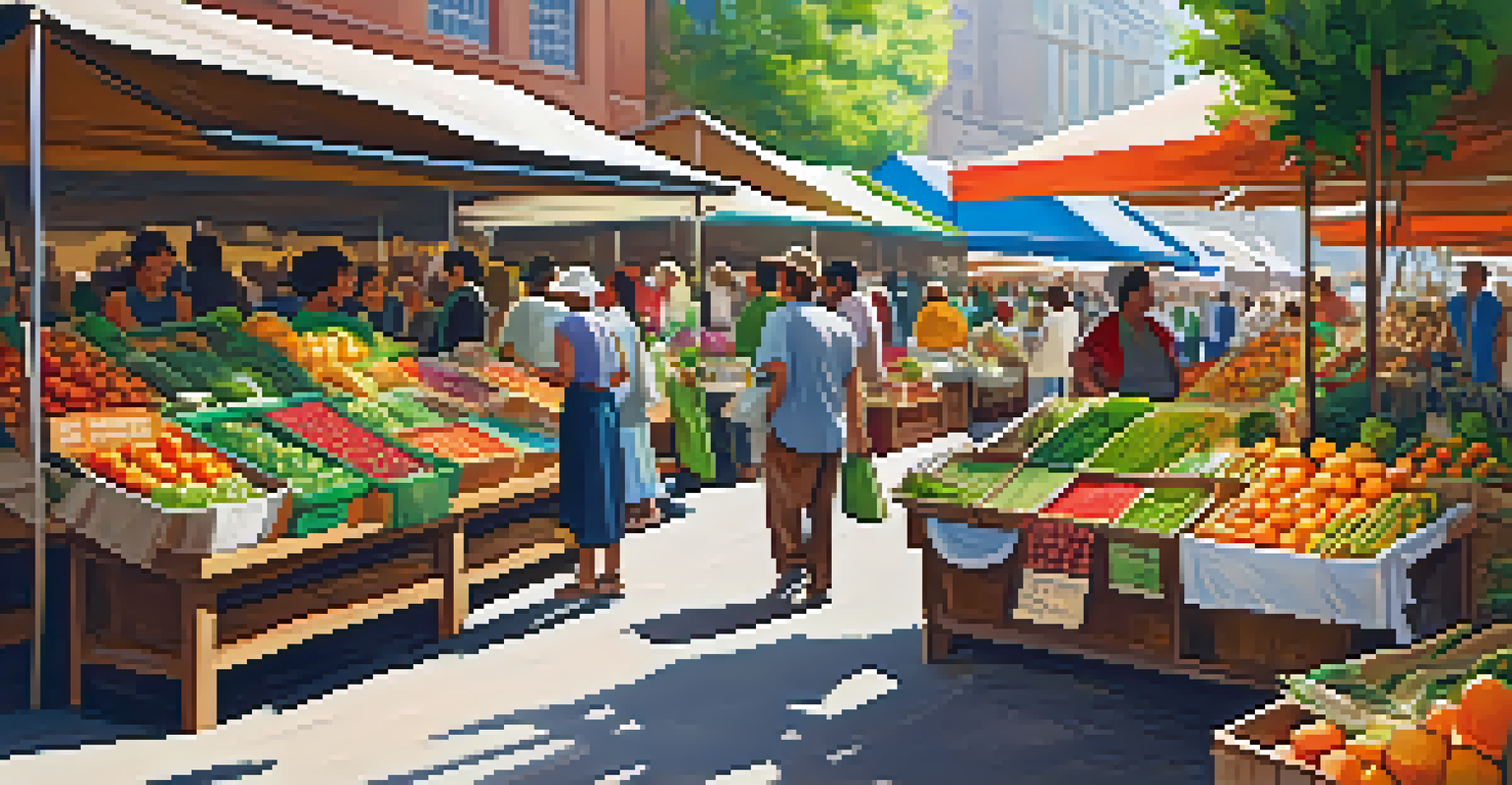An outdoor market bustling with shoppers and vendors selling organic produce and eco-friendly products, featuring colorful stalls and sustainability banners.