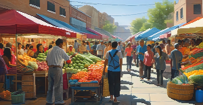 A colorful market with diverse consumers shopping and interacting with vendors.