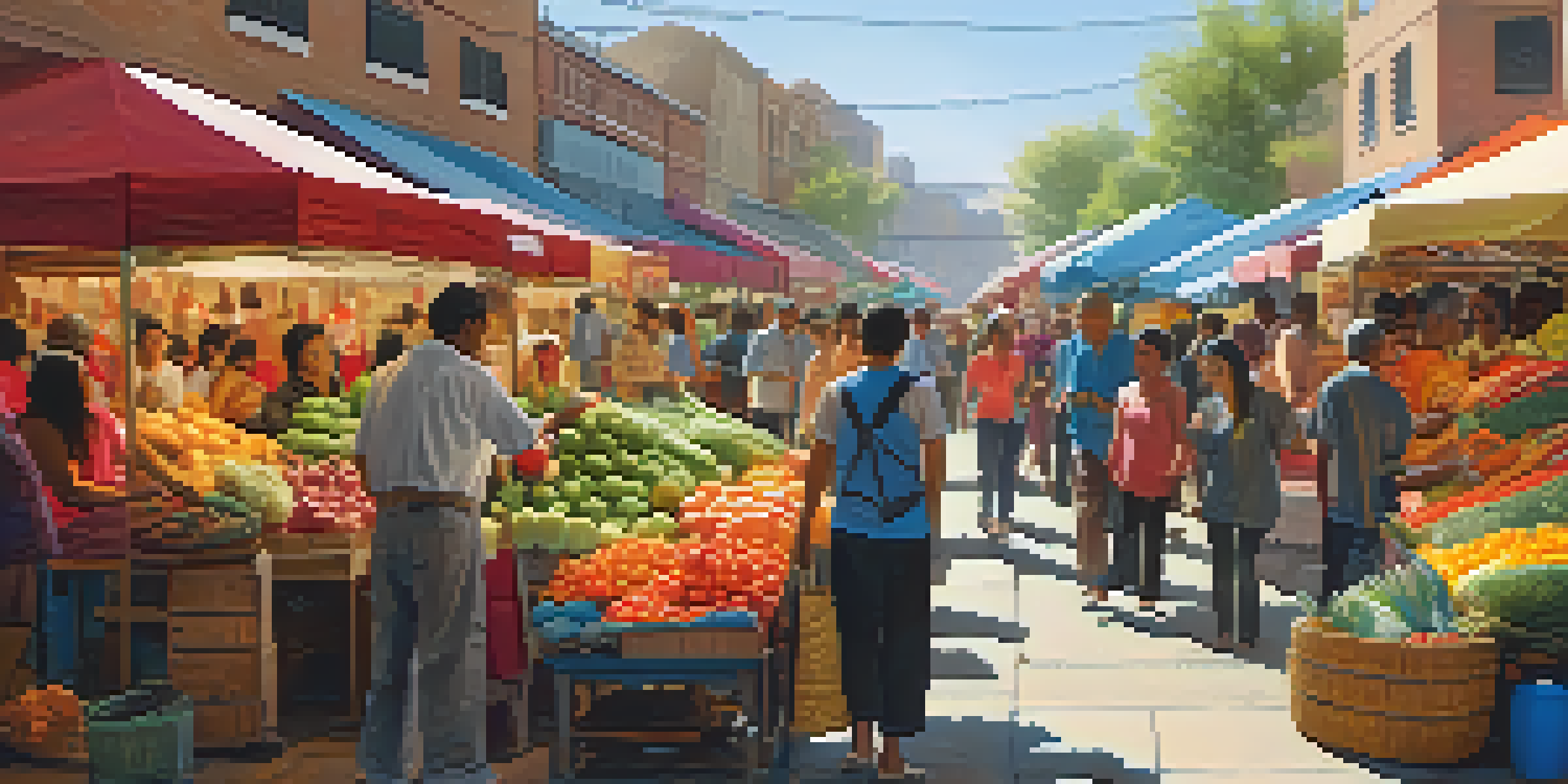 A colorful market with diverse consumers shopping and interacting with vendors.