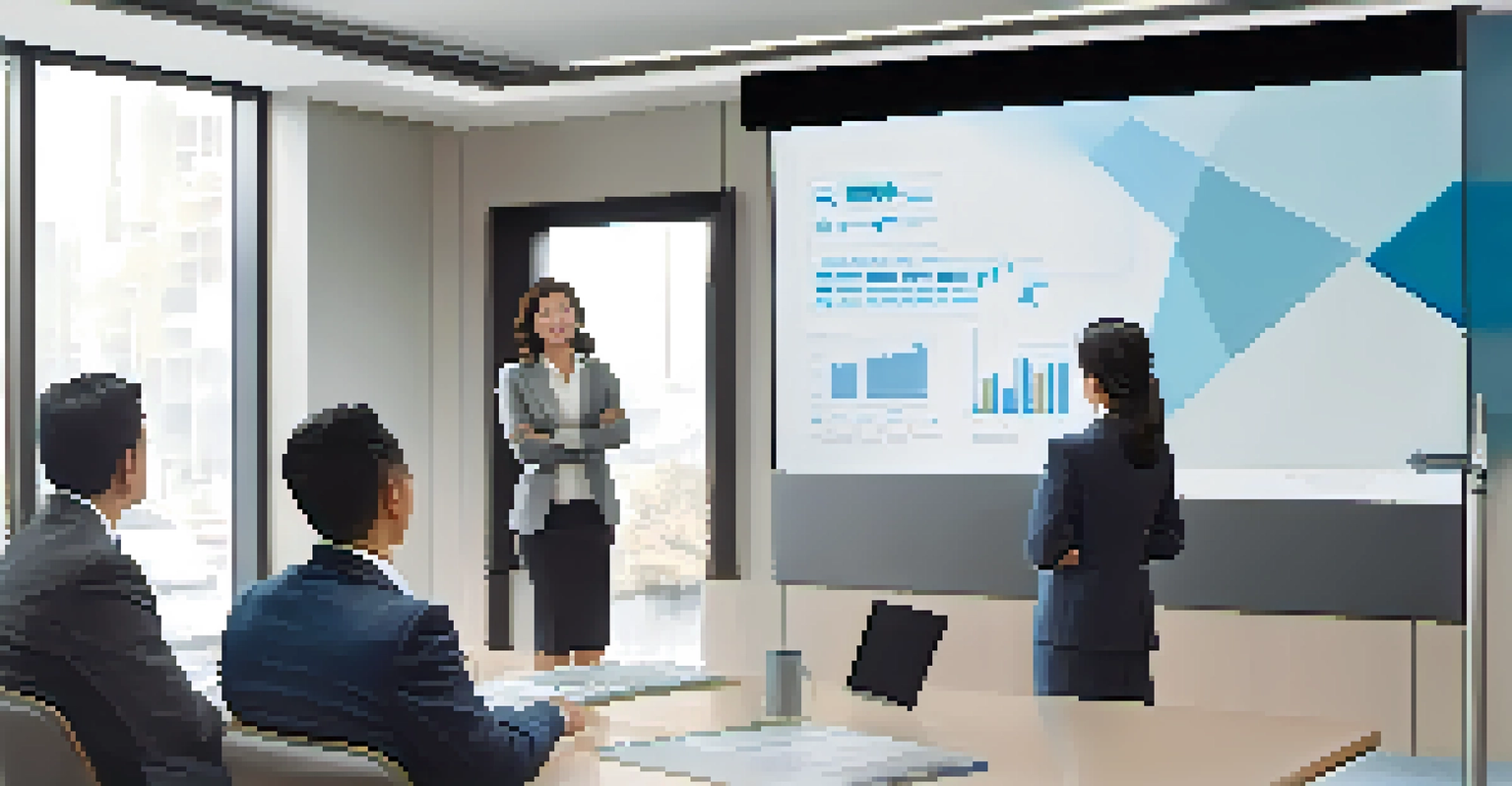 A confident female leader presenting to her attentive team in a modern meeting room.