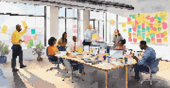 A diverse team of employees collaborating and brainstorming ideas in a bright conference room, surrounded by sticky notes and laptops.