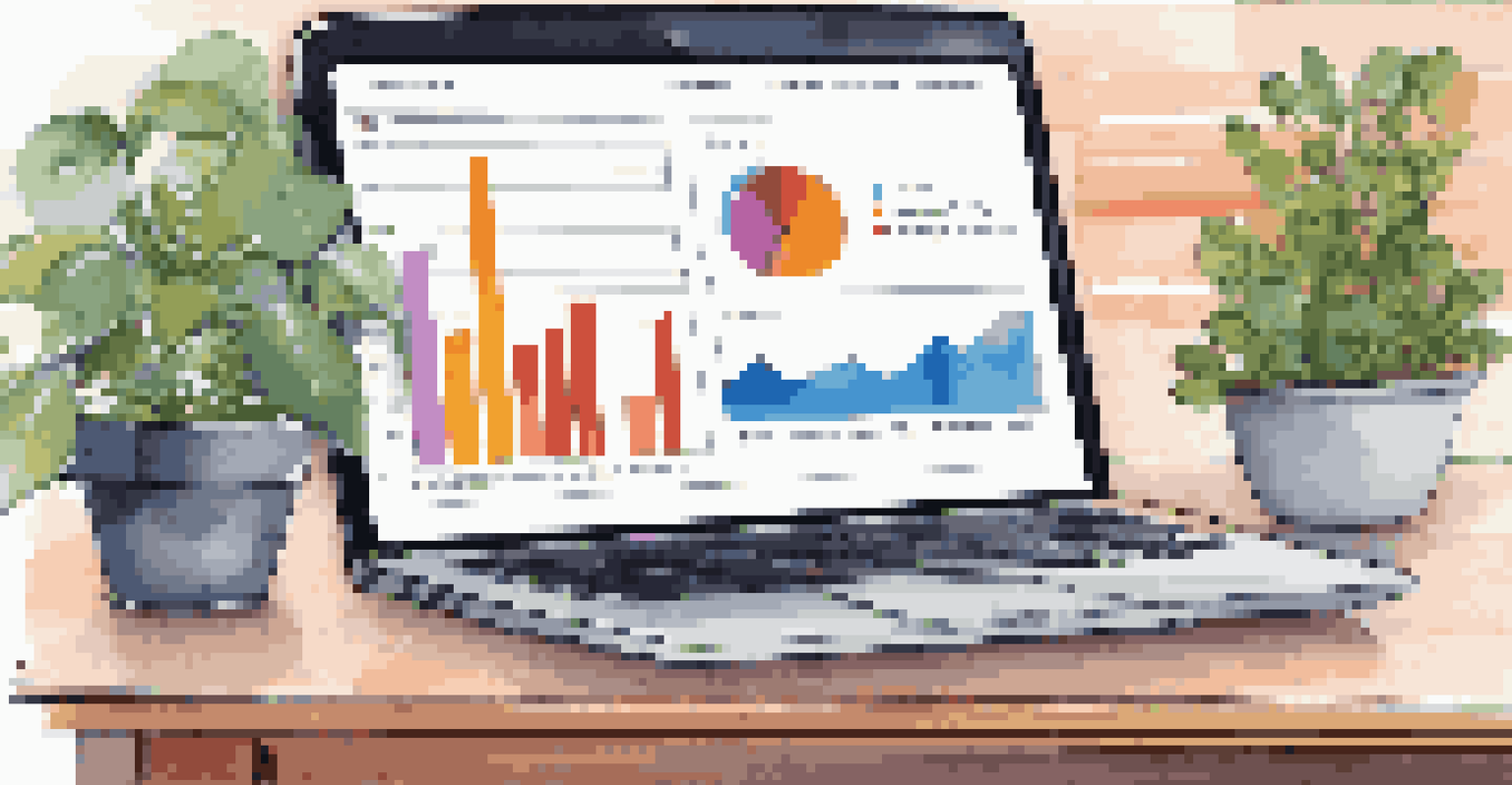 A laptop screen showing a business intelligence dashboard with colorful graphs in a modern workspace.