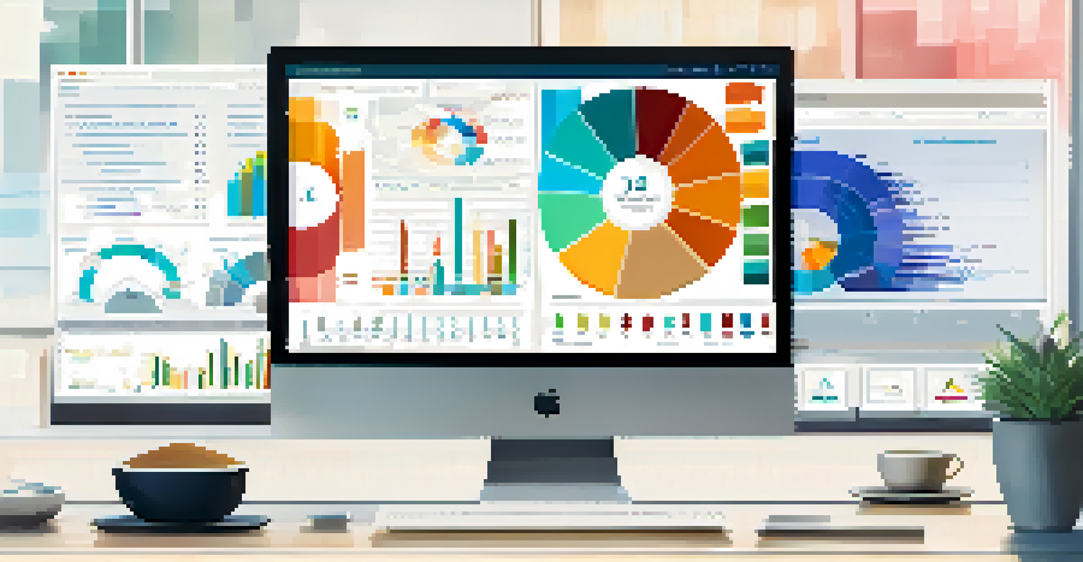 A computer screen showing an interactive data dashboard with colorful visualizations from Tableau, placed on a stylish desk.