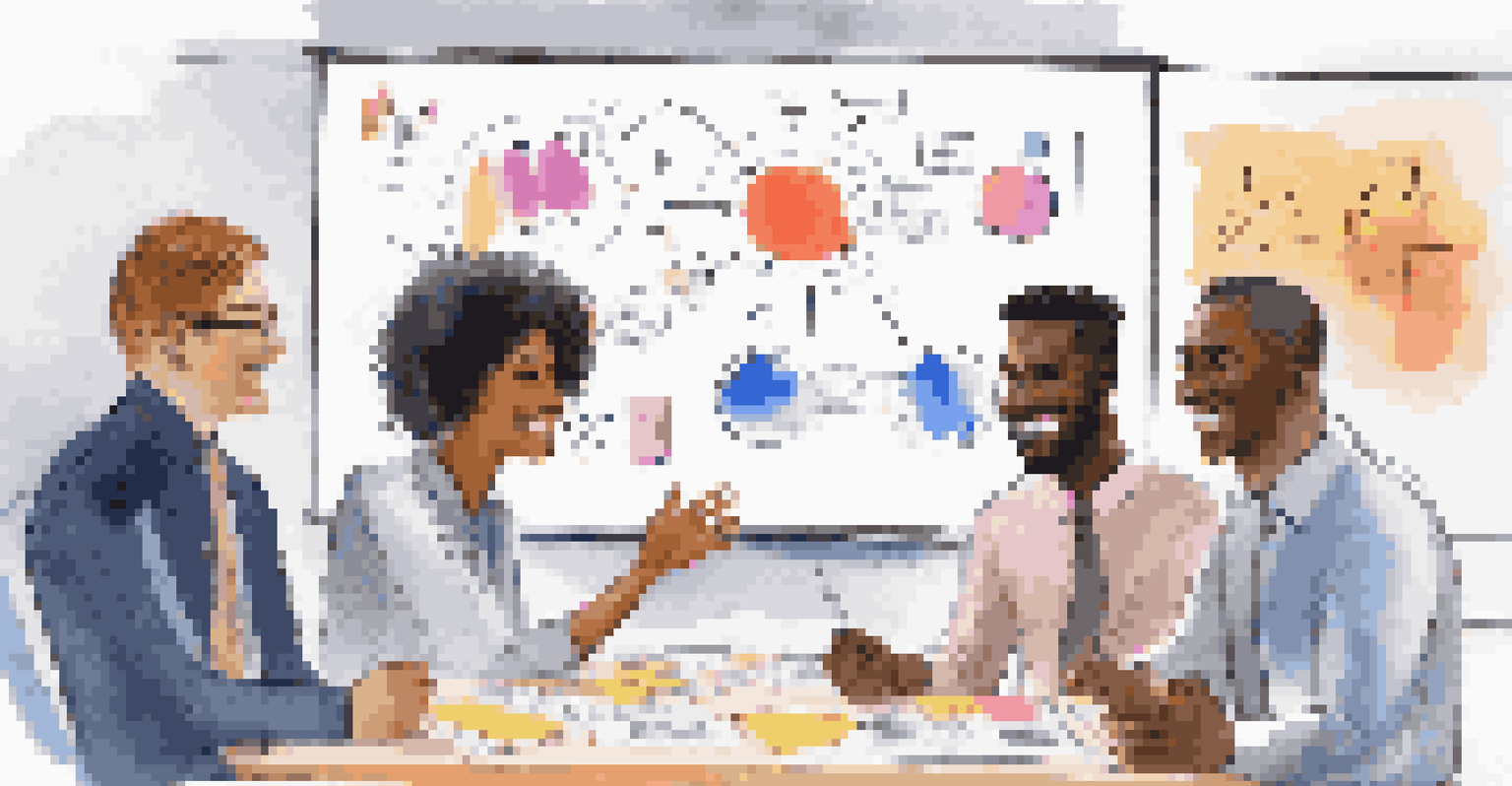 A diverse team of employees smiling during a meeting, with a whiteboard filled with notes in the background.