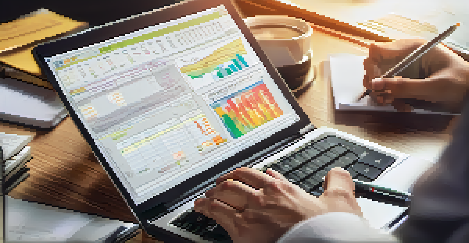 Close-up of hands typing on a laptop with a cash flow template, surrounded by notes and a calculator.