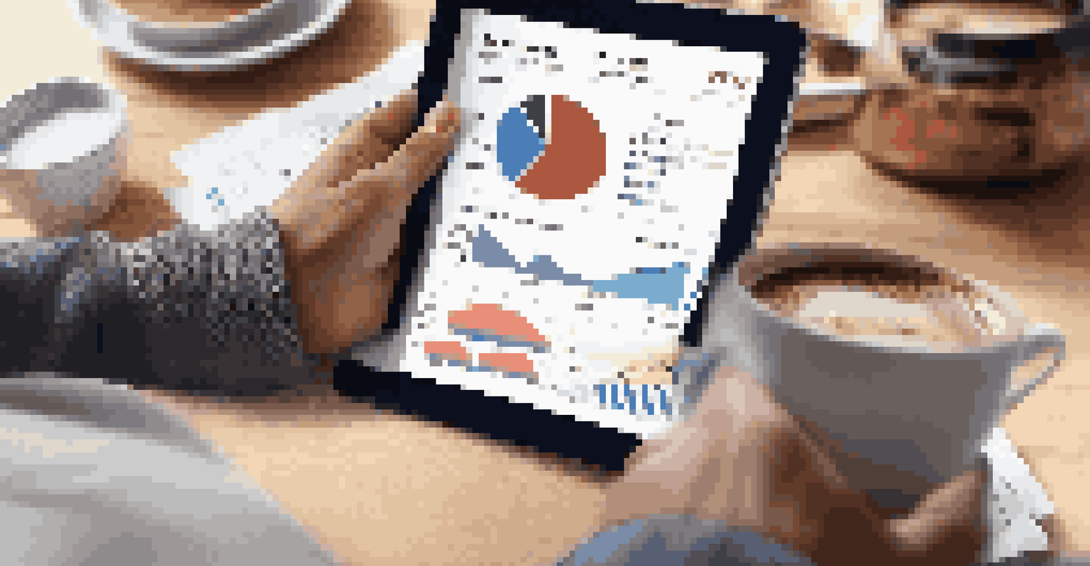 A person analyzing data on a tablet in a cozy café, surrounded by market research reports and a cup of coffee.