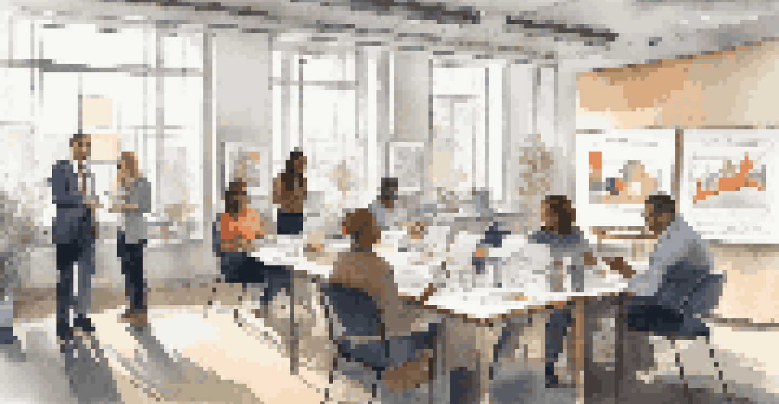 A corporate team in a workshop, actively listening to a nonprofit representative discussing social issues, with charts and infographics around them.