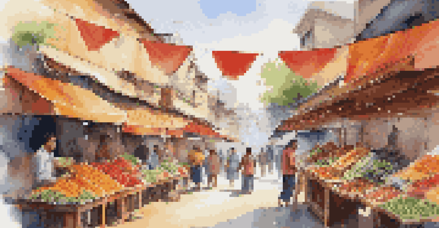 A lively street market with stalls selling fruits and crafts, filled with people enjoying the vibrant atmosphere.
