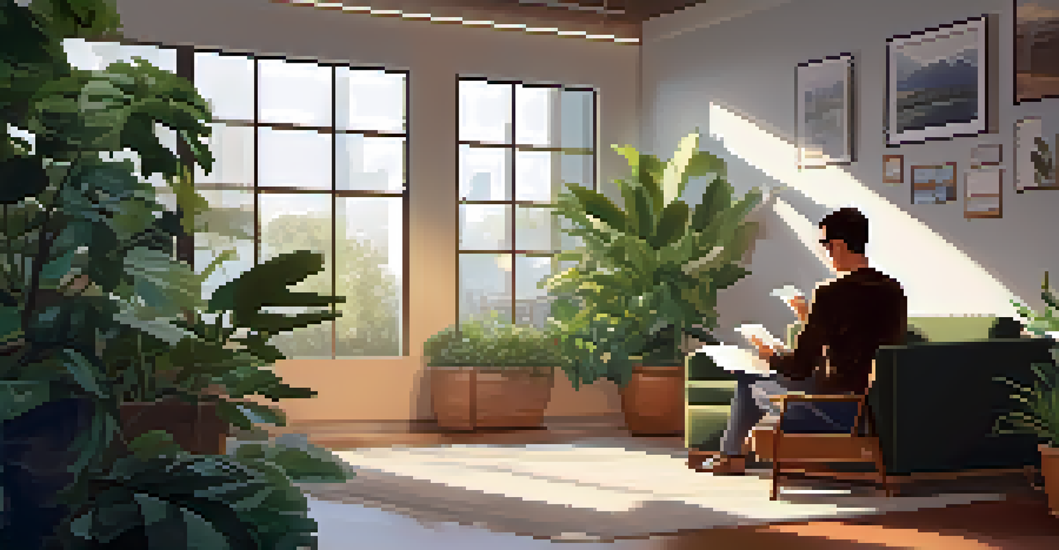 A professional reading a book on sales techniques in a cozy office corner, surrounded by plants and soft lighting, symbolizing continuous learning.