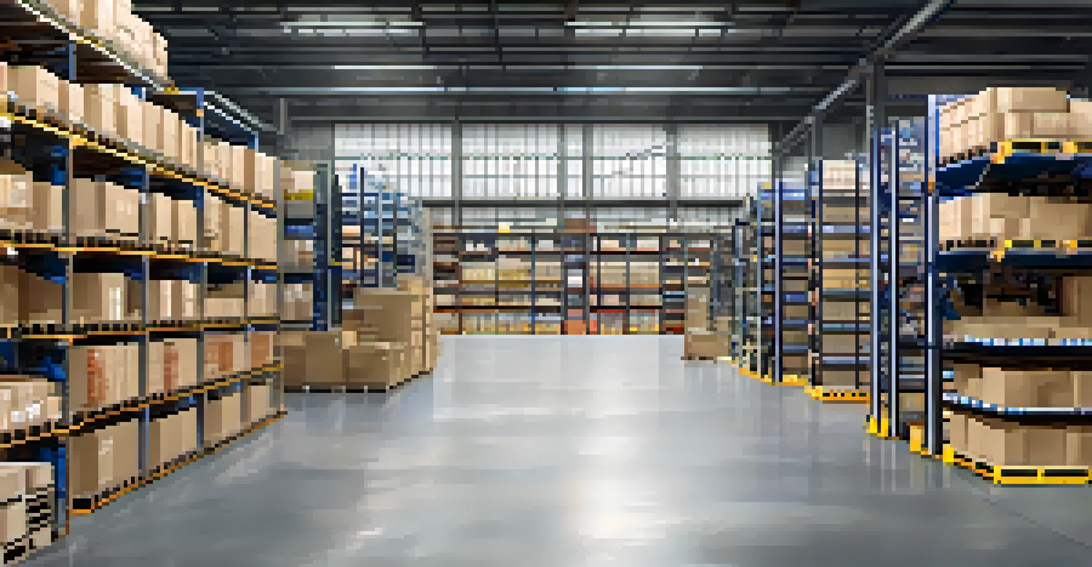 A spacious warehouse filled with organized shelves of products, demonstrating a Just-In-Time inventory system, with a forklift visible in the background.