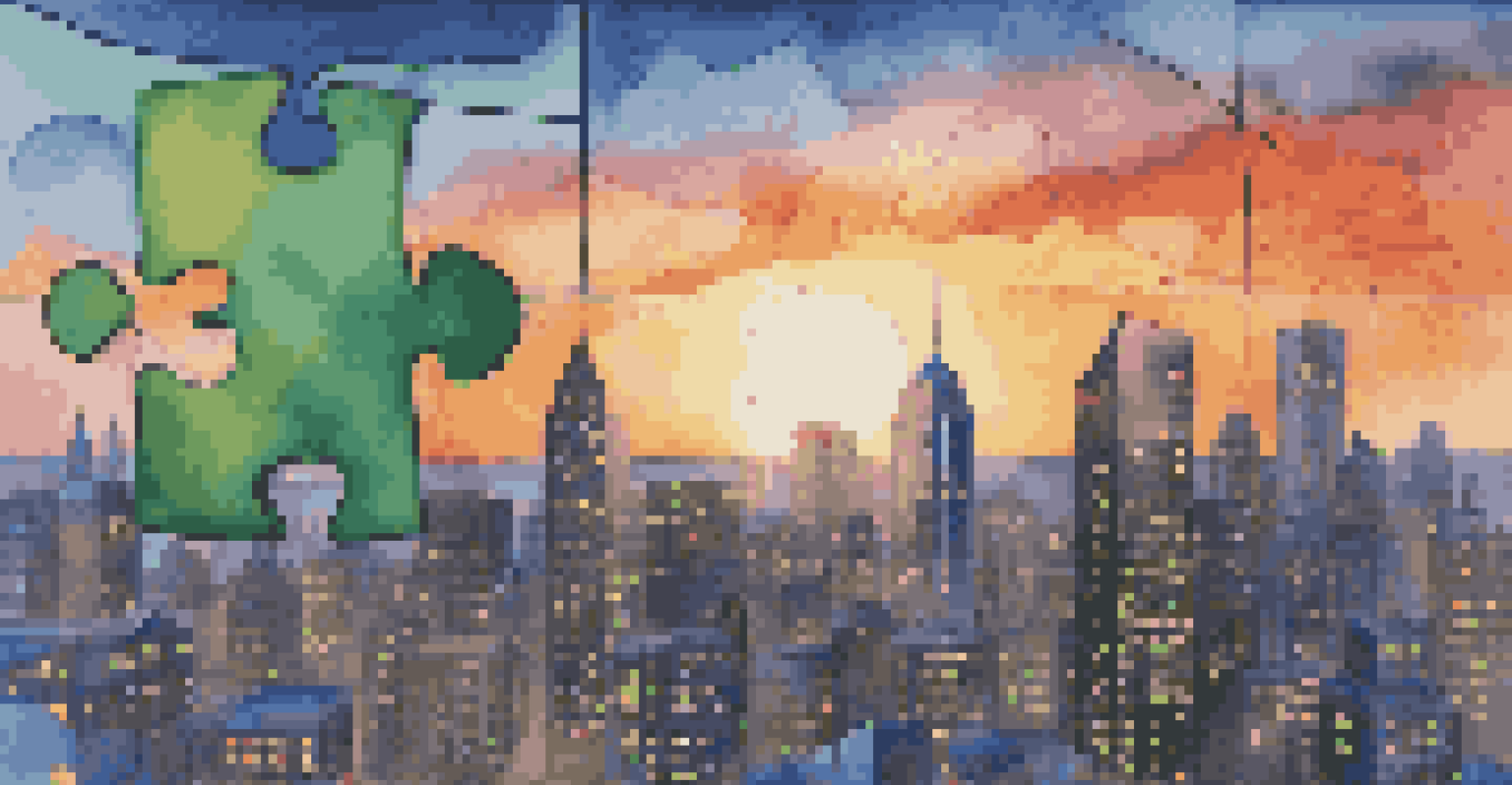 Abstract image of two puzzle pieces merging against a city skyline, symbolizing a business merger.