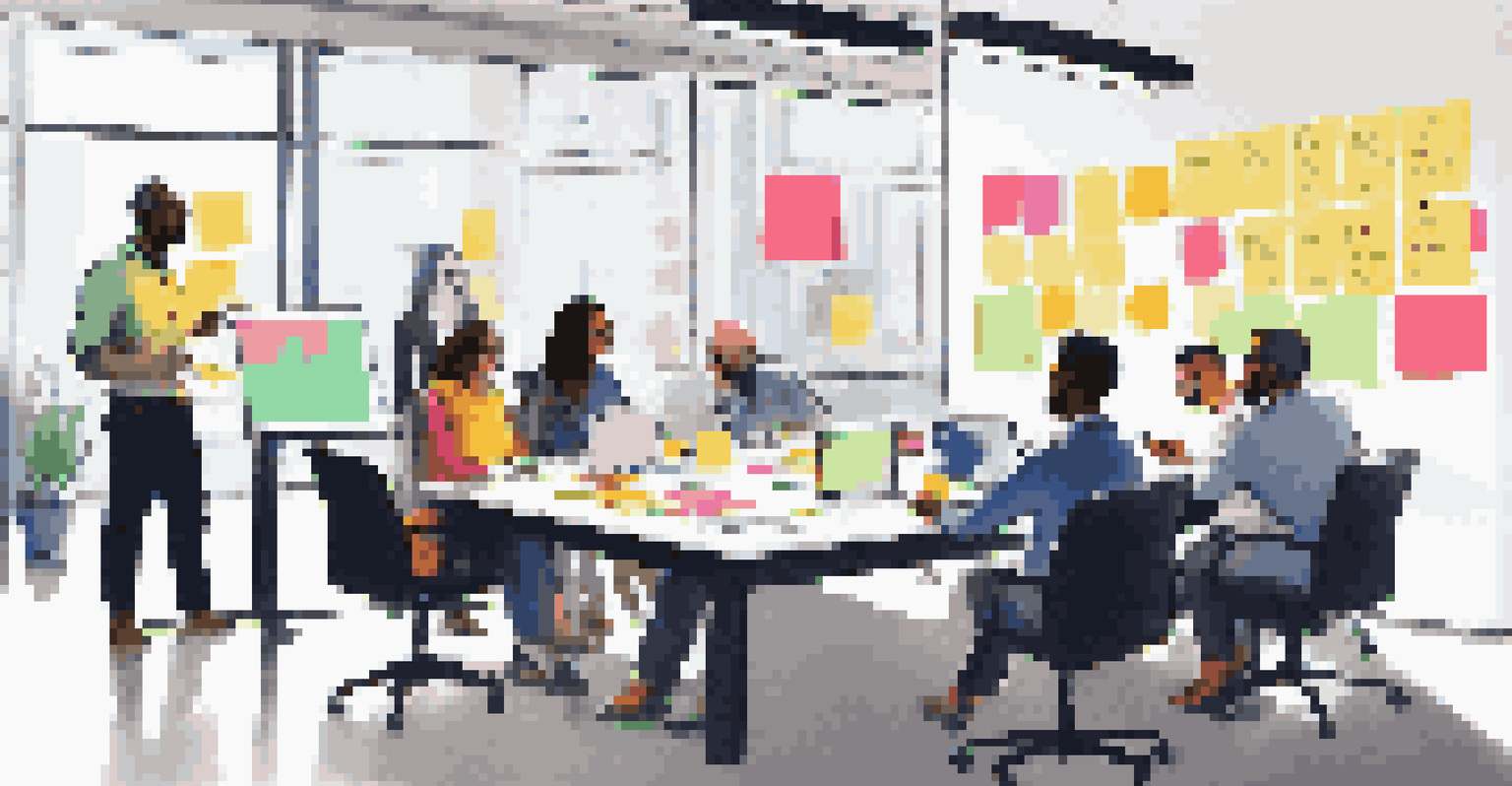 A collaborative brainstorming session with diverse professionals around a conference table filled with sticky notes.