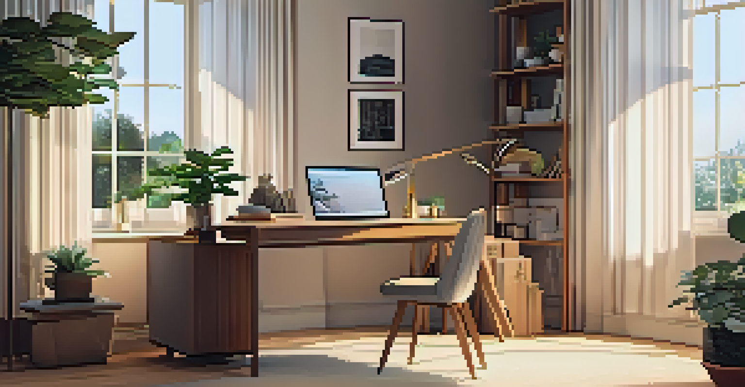 A cozy home office with a stylish desk, plants, and warm sunlight, creating a peaceful workspace.
