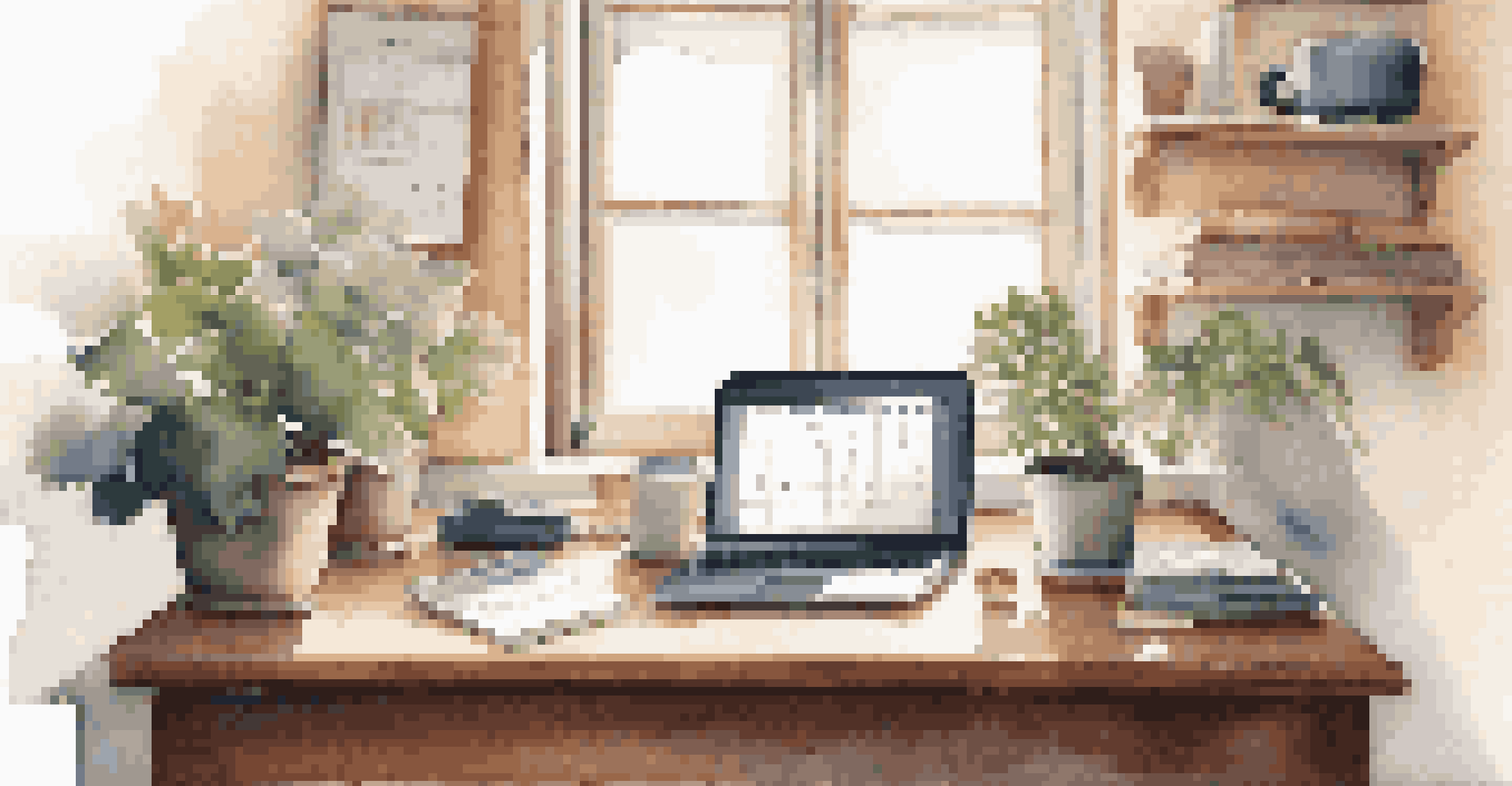 A cozy home workspace with a desk, laptop, and calendar showing a balanced schedule, illuminated by soft sunlight.
