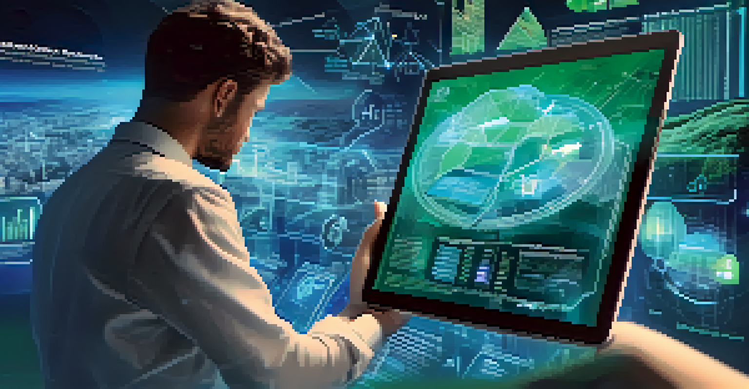 An investor using a futuristic tablet to analyze data related to technology-driven impact investing.