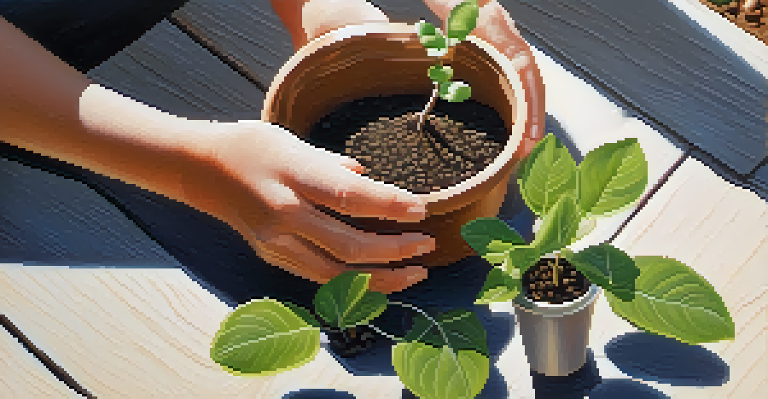 Hands planting a sapling in a biodegradable pot with sunlight filtering through tree leaves.